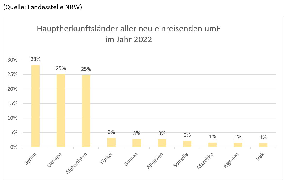 Dargestellt werden die Hauptherkunftsländer aller neu einreisenden umF im Jahr 2022 in einem Säulendiagramm. 28% kommen aus Syrien, 25% aus der Ukraine, 25% aus Afghanistan, 3% aus der Türkei, 3& aus Guinea, 3% aus Albanien, 2% aus Somalia, 1% aus Marokko, 1% aus Algerien und 1% aus dem Irak.