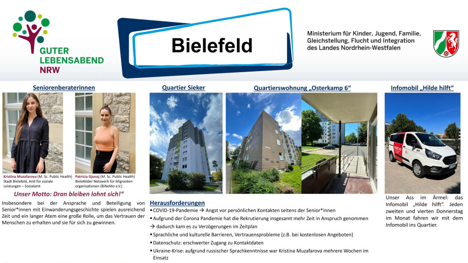 Zu sehen ist das Ausstellungsposter der Stadt Bielefeld zum Modellprojekt "Guter Lebensabend". Es wird auf die Seniorenberaterinnen, das Quartier Sieker, die Quartierswohnung "Osterkamp 6", das Infomobil "Hilde hilft", die Übersicht aller Aktivitäten von 2021 bis 2022, die Einwohner (65+) in Sieker nach Einwanderungsgeschichte eingegangen. 