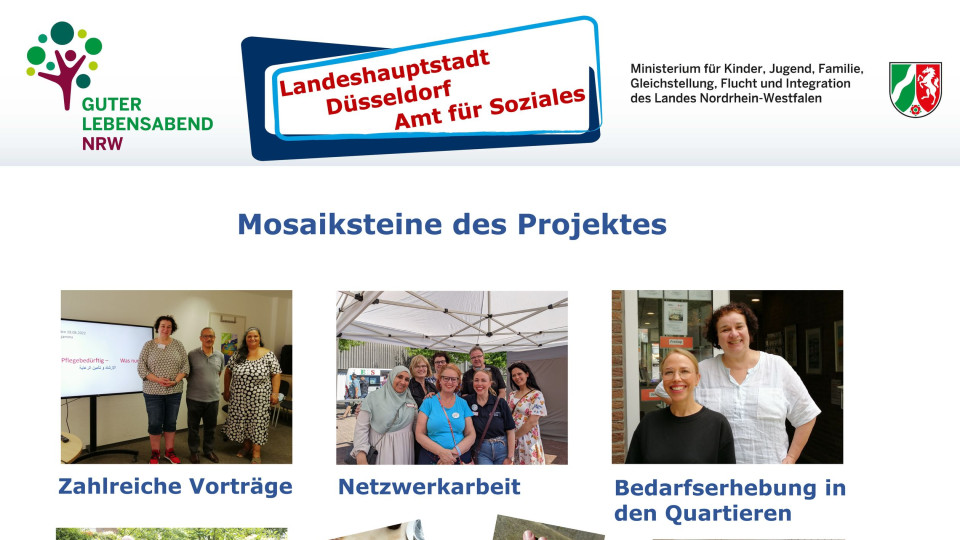 Zu sehen ist das Ausstellungsposter der Stadt Düsseldorf zum Modellprojekt "Guter Lebensabend". Es sind Abbildungen von Menschen zu sehen, die mit dem Projekt arbeiten und ein Flyer "Pflegeberatung in türkischer Sprache".