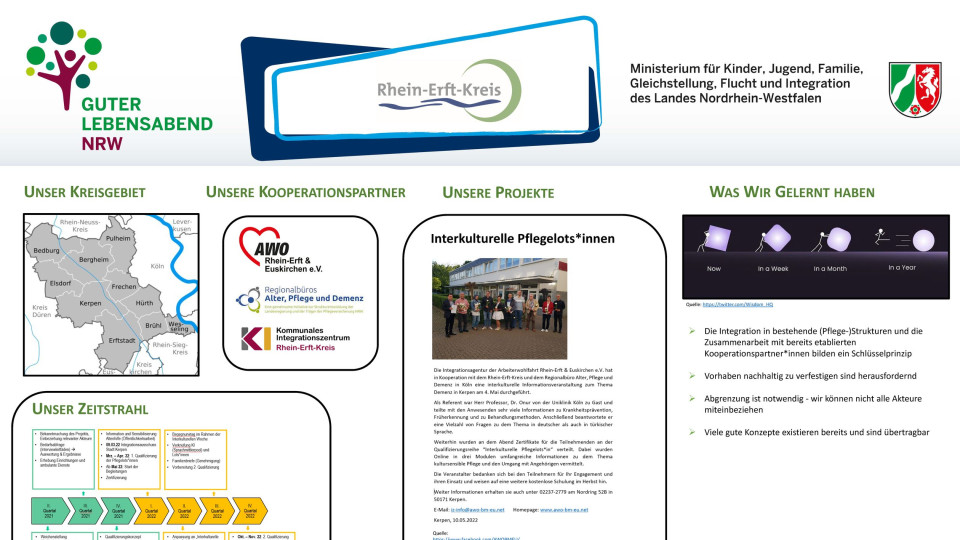 Zu sehen ist das Ausstellungsposter des Rhein-Erft-Kreises zum Modellprojekt "Guter Lebensabend". Es gibt Informationen über die Projekte, die Kooperationspartner, das Kreisgebiet, den Zeitstrahl, die Netzwerke und die Kontaktdaten.