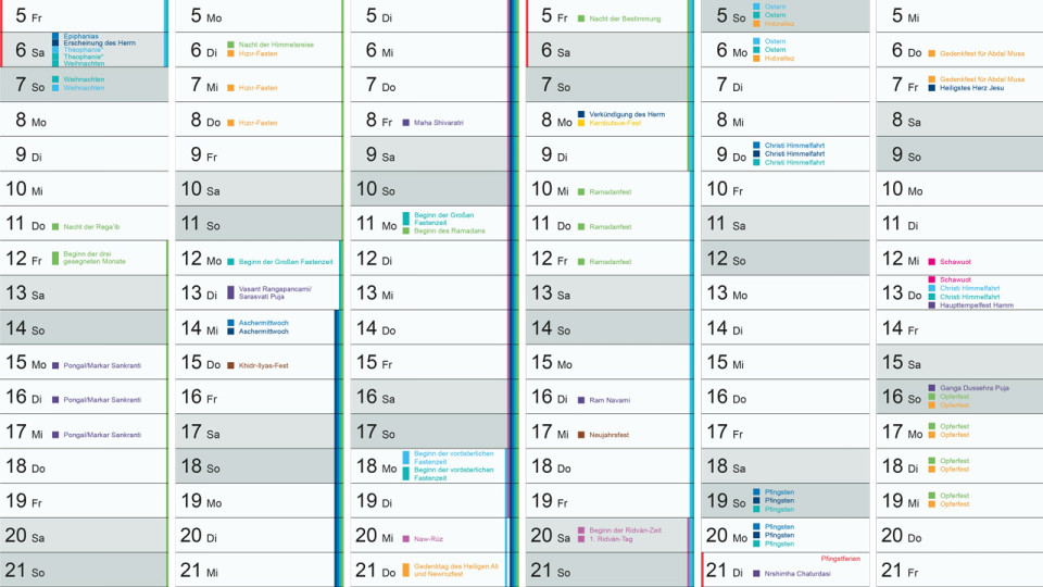 Es ist ein Ausschnitt des Interreligiösen Kalenders 2024 zu sehen.