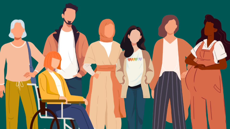 Illustration von sieben unterschiedlichen Personen, darunter Frauen, ein Mann und eine Person im Rollstuhl, die gemeinsam nebeneinander stehen. Darüber steht der Text: „NRW – Gemeinsam gegen Gewalt. Landesaktionsplan zur Umsetzung der Istanbul-Konvention.“ Das Bild symbolisiert Vielfalt, Gleichberechtigung und gemeinsames Engagement gegen Gewalt.