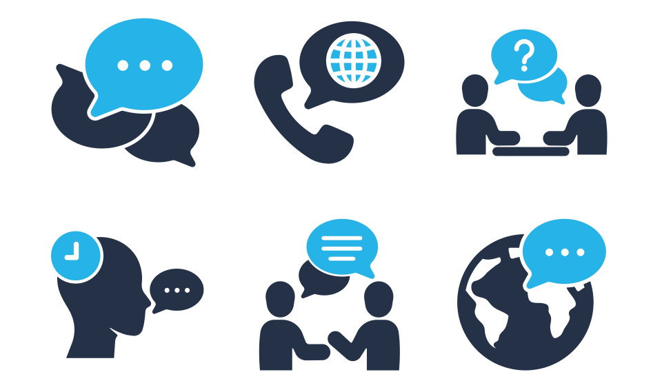 Sechs blaue Symbole zur Kommunikation: Sprechblasen, Telefon, Gesprächspartner und Weltkugel
