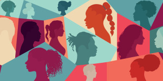 Diverse Silhouetten von unterschiedlichen Menschen sind bunt in Kästen dargestellt