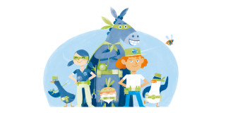 Die Klimakita-Gang ist als Grafik dargestellt zu sehen. Sie besteht aus einem Esel, einer Biene, einem Pinguin, einer Ente und einer Möhre sowie aus einem Mädchen und einem Jungen.