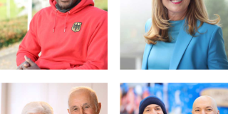 Vier Kacheln mit lächelnde Personen in verschiedenen Outfits, zeigen Vielfalt und Freude.