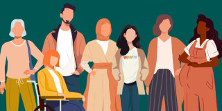 Illustration von sieben unterschiedlichen Personen, darunter Frauen, ein Mann und eine Person im Rollstuhl, die gemeinsam nebeneinander stehen. Darüber steht der Text: „NRW – Gemeinsam gegen Gewalt. Landesaktionsplan zur Umsetzung der Istanbul-Konvention.“ Das Bild symbolisiert Vielfalt, Gleichberechtigung und gemeinsames Engagement gegen Gewalt.