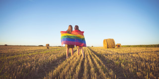lesbisches paar lgbt flagge auf dem Feld