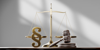 Symbolbild für Recht und Justiz: Eine goldene Waage mit einem Paragraphenzeichen auf der linken Schale sowie einem Richterhammer auf einem Holzblock vor grauem Hintergrund