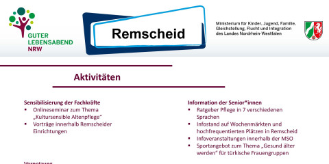 Zu sehen ist das Ausstellungsposter der Stadt Remscheid zum Modellprojekt "Guter Lebensabend". Es enthält Infromationen über die Aktivitäten der Stadt zum Thema. Es geht um die Sensibilisierung der Fachkräfte, Vernetzung, die Außendarstellung und Öffentlichkeitsarbeit und Information der Senioren.
