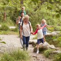 Mutter, Vater und drei Kinder laufen zusammen durch einen Wald.